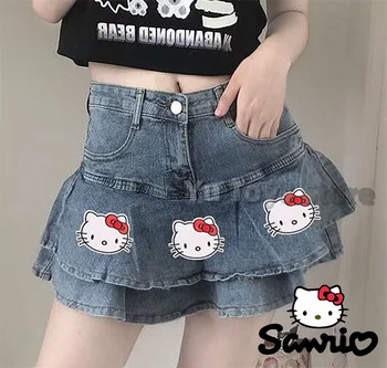 Оригинальная Джинсовая Короткая юбка Sanrio Hello Kitty Fashion Spicy Для девочек, Летняя Юбка для исходящих, Y2k, Кавайная Студенческая Милая Крутая юбка для девочек