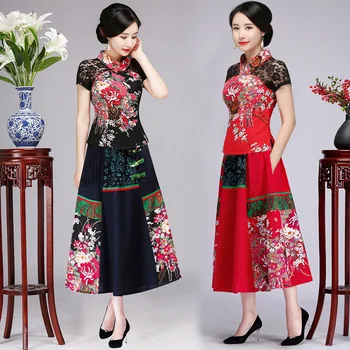 комплект из 2 предметов, сексуальная Женская кружевная рубашка и юбка в стиле пэчворк с цветочным принтом, тонкая высококачественная одежда в китайском этническом стиле 6xl