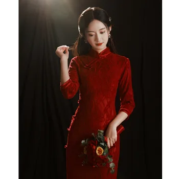 Вечернее Красное Улучшенное платье Чонсам в ретро-китайском стиле, Женская одежда 