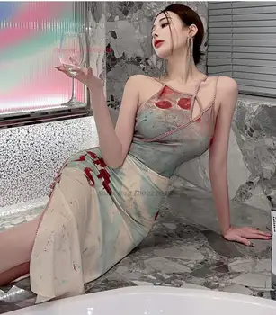 2023 китайское сексуальное платье, улучшенное платье без рукавов с цветочным принтом cheongsam qipao, бандажное вечернее платье для ночного клуба qipao, vestido