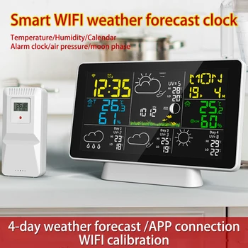 Tuya WiFi Интеллектуальные Погодные часы Прогноз погоды на 4 дня Метеостанция Цветной ЖК-экран Беспроводной Термометр Гигрометр